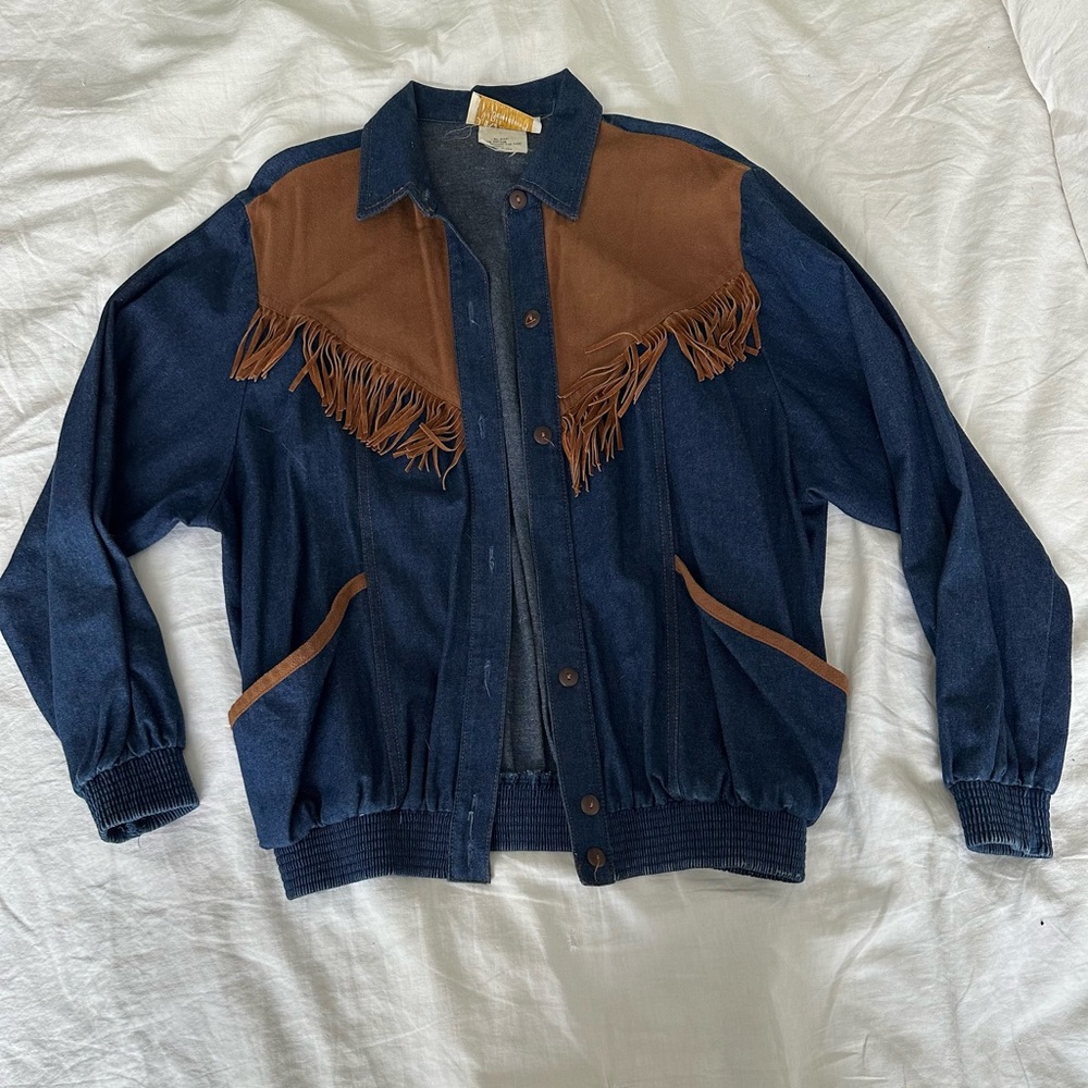 Denim Fringe Jacket - Blue and Brown